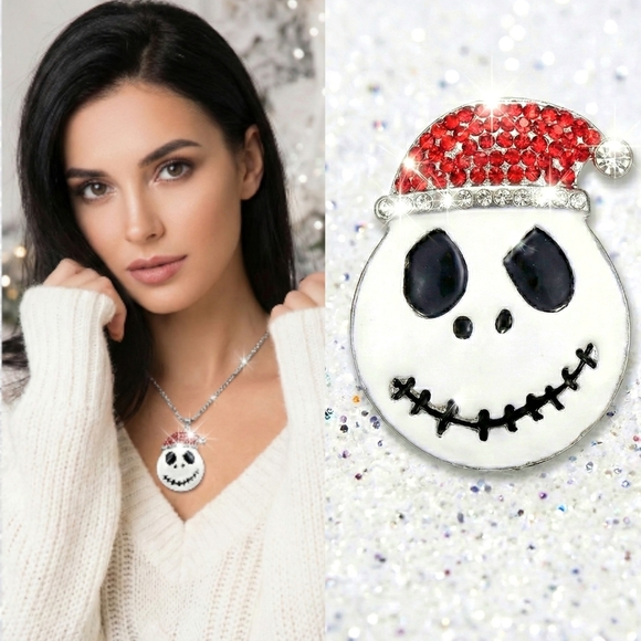 Silver plated red Crystal Jack skellington pendant necklace - Picture 13 of 15